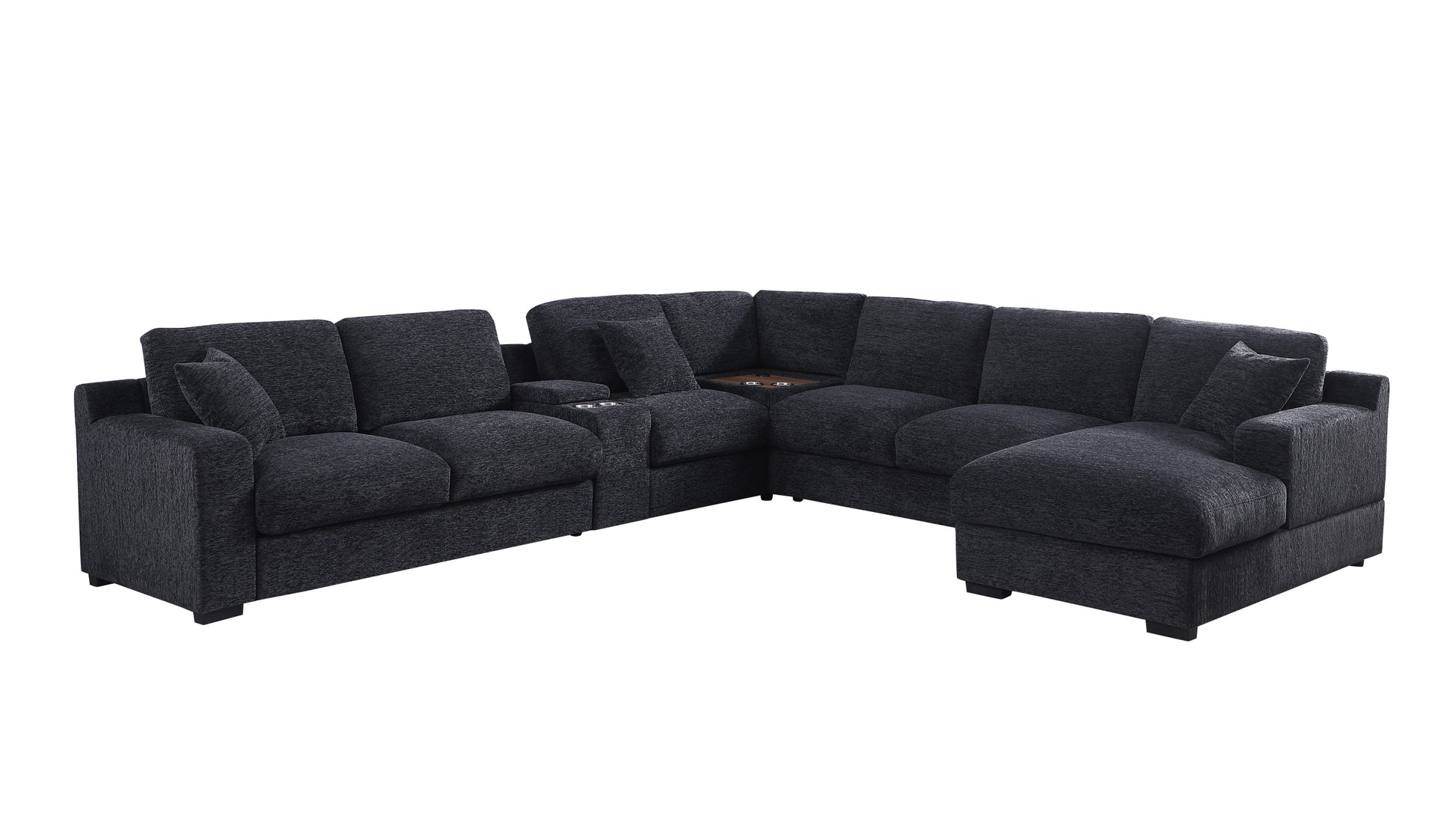 Celine 141.5" Dark Gray Chenille Fabric Corner Sectional Sofa With Right Facing Chaise, Cupholders, And Charging Ports Dark Gray Chenille