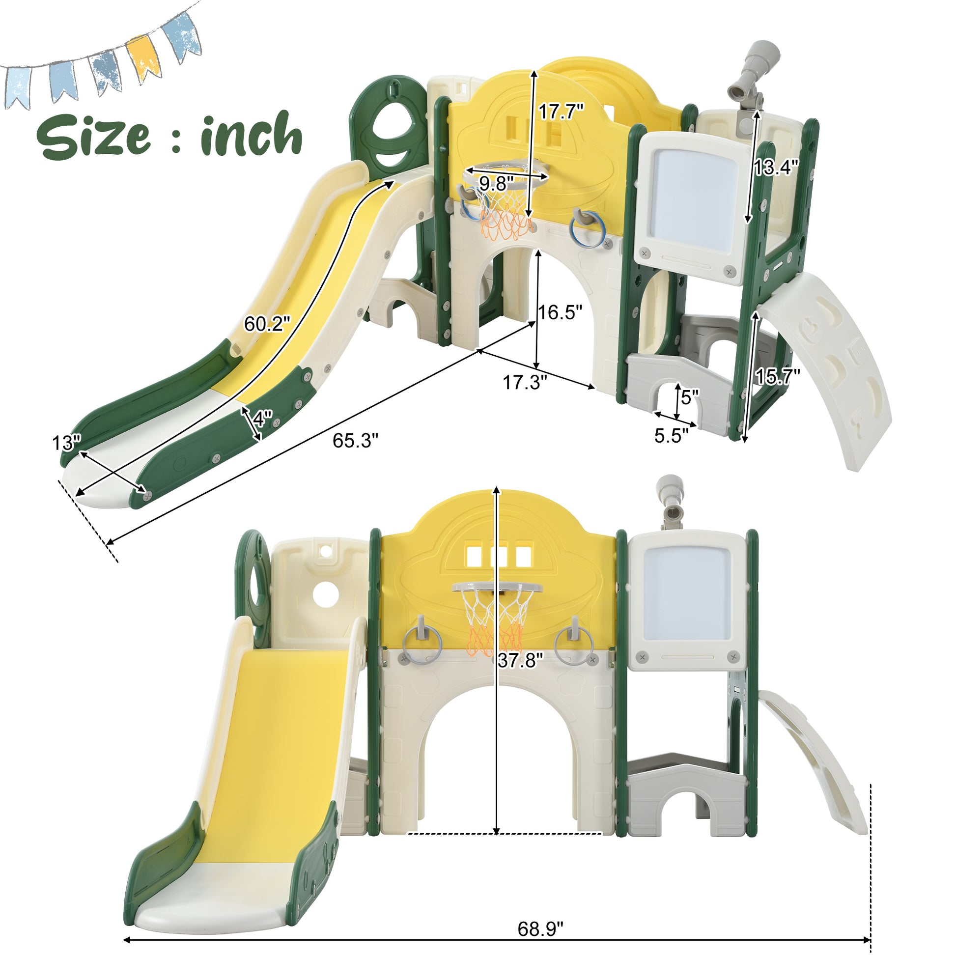 Kids Slide Playset Structure 9 In 1, Freestanding Space Set With Slide, Arch Tunnel, Ring Toss, Drawing Whiteboardl And Basketball Hoop For Toddlers, Kids Climbers Playground Yellow Hdpe Indoor & Outdoor Use