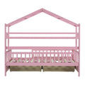 Wooden Twin Size House Bed With 2 Drawers,Kids Bed With Storage Shelf, Pink Pink Wood