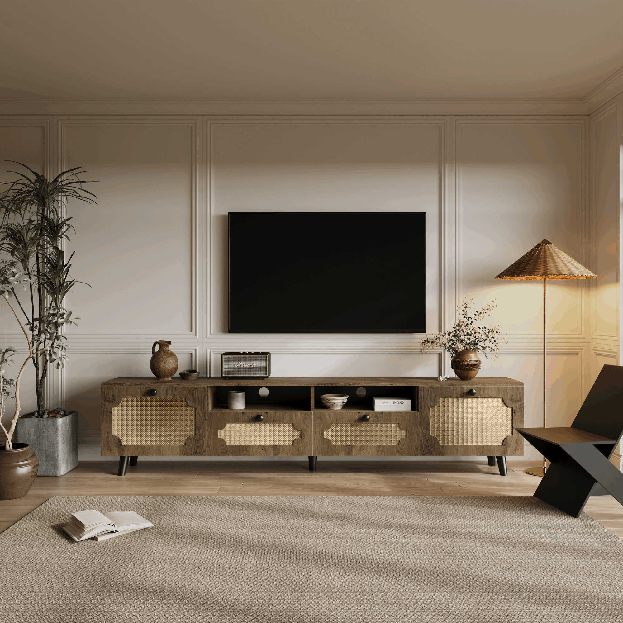 Tv Station, Tv Room, Entertainment Center, Can Accommodate 65 Inch Tv, Uv Open Drawers, Solid Wood Legs, Can Be Placed In Living Room, Bedroom, Tv Cabinet Rattan Weaving, Color: Brown Brown Particle Board