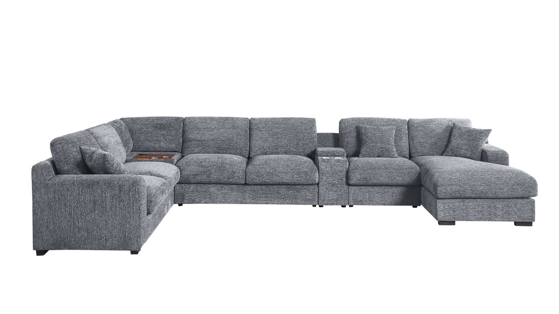 Celine 141.5" Light Gray Chenille Fabric Corner Sectional Sofa With Right Facing Chaise, Cupholders, And Charging Ports Light Gray Chenille