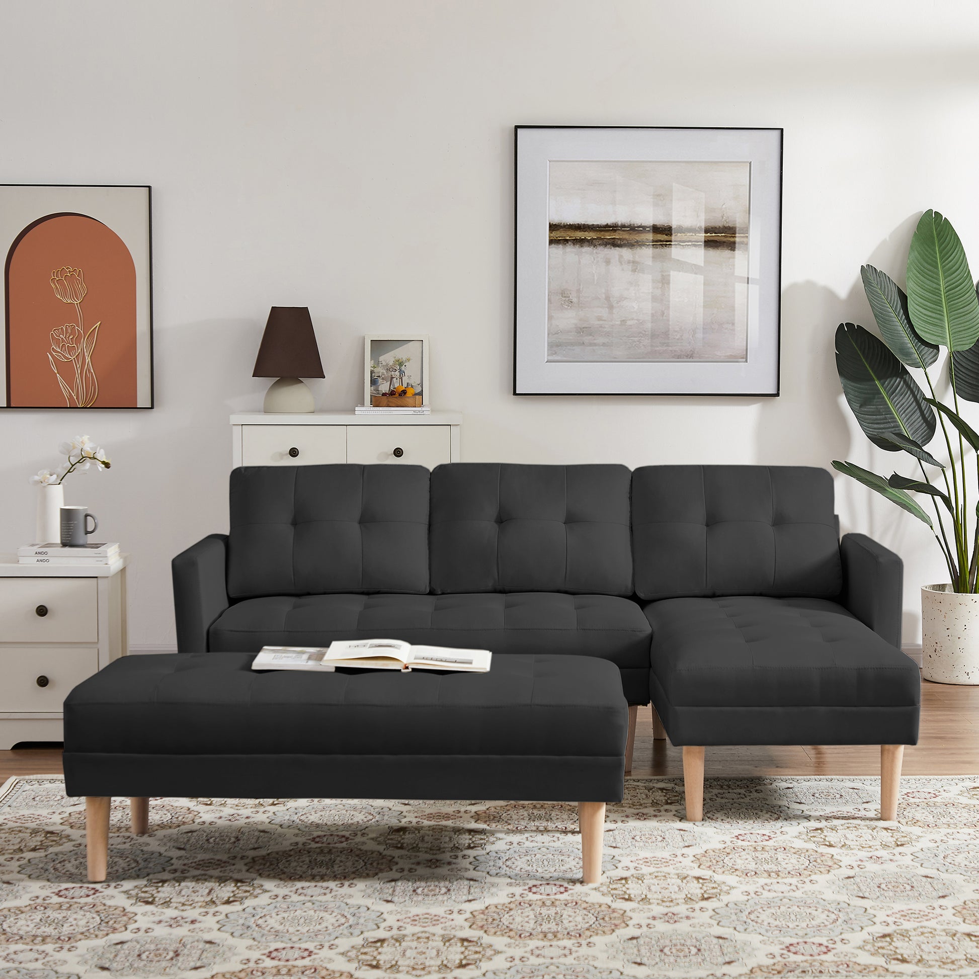 Black Fabric Right Facingsectional Sofa Bedl Shape Sofa Chaise Lounge With Ottoman Bench Black Wood Tufted Back Square Arms Foam Fabric 3 Seat