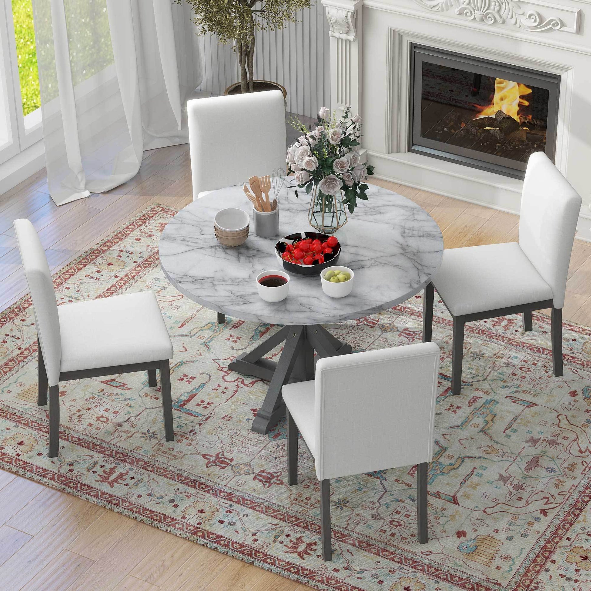 5 Piece Farmhouse Style Dining Table Set, Marble Sticker And Cross Bracket Pedestal Dining Table, And 4 Upholstered Chairs White Gray Upholstered Chair Wood White Gray Seats 4 Wood Dining Room Antique,Classic,Farmhouse Pedestal Round Dining Table With
