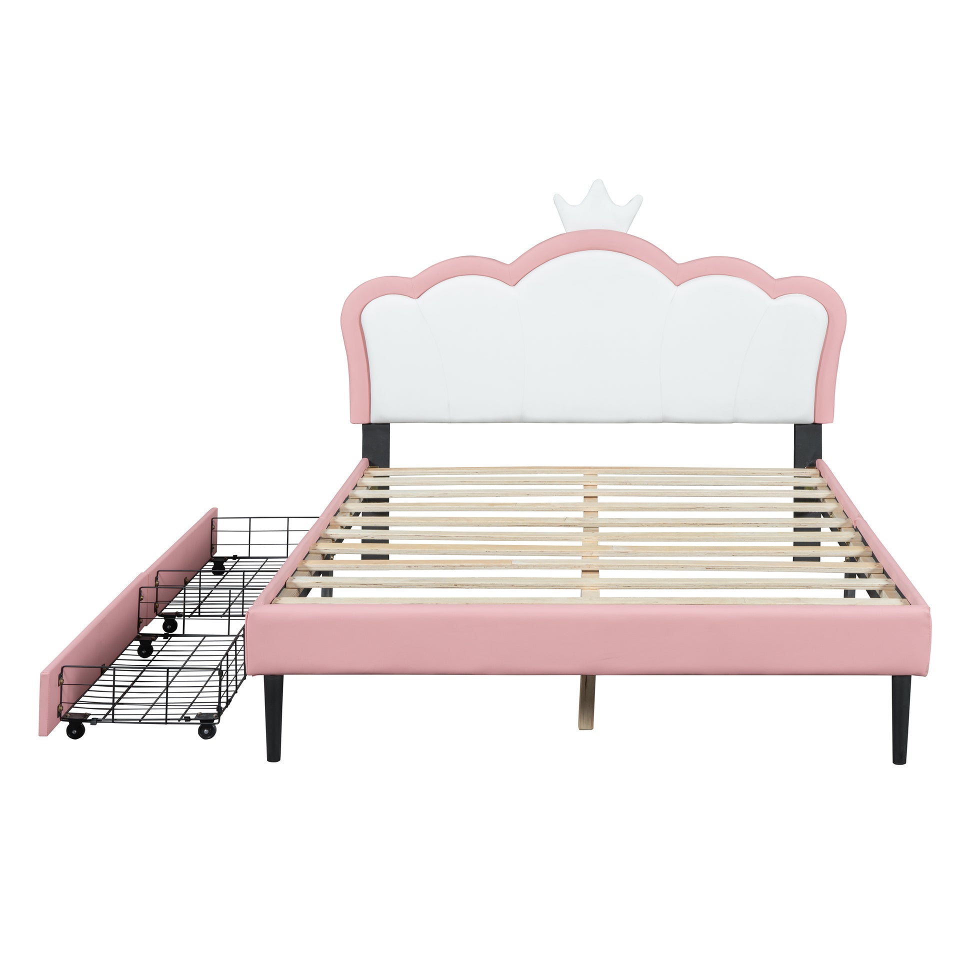 Full Size Princess Bed With Crown Headboard And 2 Drawers, Full Size Platform Bed With Headboard And Footboard,White Pink Pink Pu