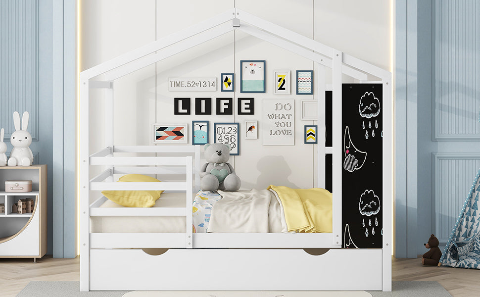 Full Size Wood House Bed With Fence And Writing Board, White White Solid Wood
