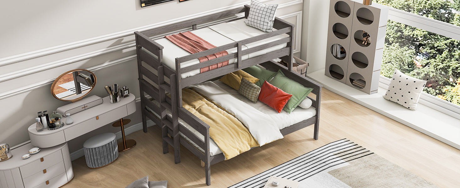 Wood Twin Xl Over Queen Bunk Bed With Ladder, Gray Twin Xl Box Spring Not Required Gray Wood Bedroom Bunk Solid Wood Mdf