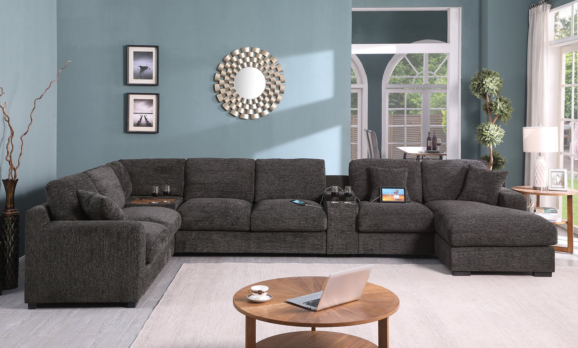 Celine 141.5" Gray Chenille Fabric Corner Sectional Sofa With Right Facing Chaise, Cupholders, And Charging Ports Gray Chenille