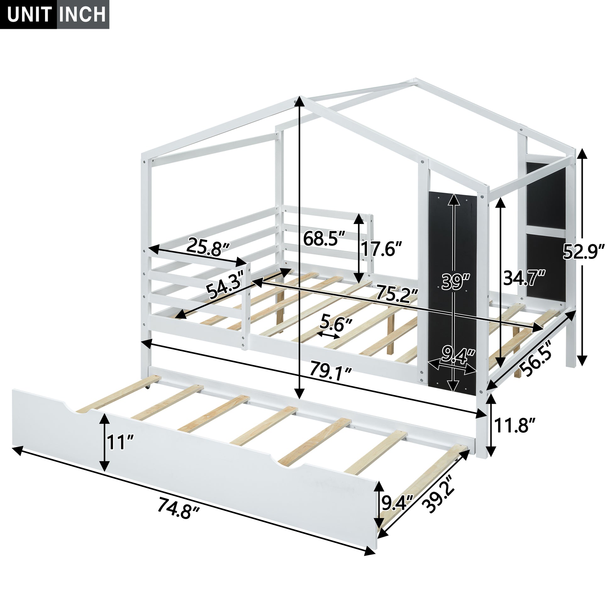 Full Size Wood House Bed With Fence And Writing Board, White White Solid Wood