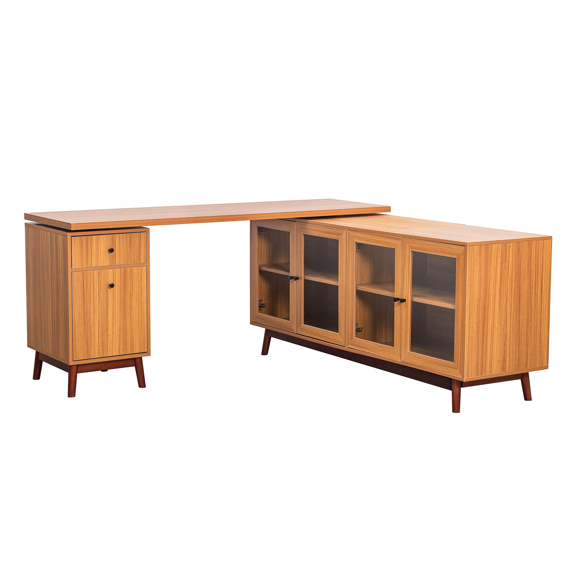 66.5" Modern L Shaped Executive Desk With Delicate Tempered Glass Cabinet Storage,Large Office Desk With Drawers,Business Furniture Desk Workstation For Home Office,Teak Teak Mdf