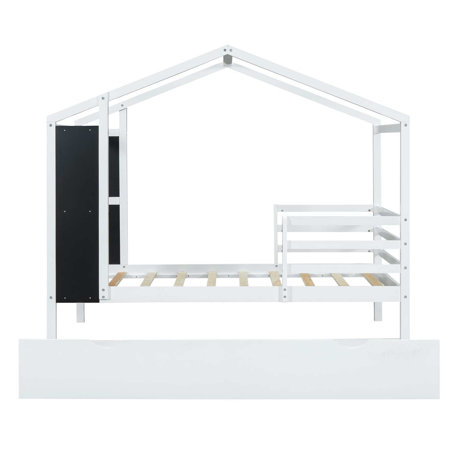 Twin Size Wood House Bed With Fence And Writing Board, White White Solid Wood