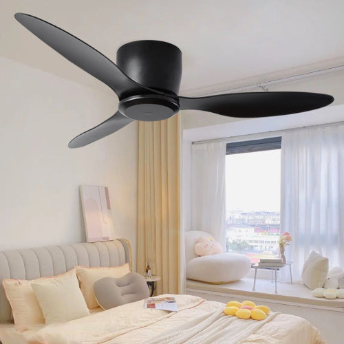 52" Flush Mount Ceiling Fan Without Light, 3 Reversible Blades, With 6 Speeds Reversible Dc Motor,Low Profile Ceiling Fan With No Light For Living Room Kitchen Bedroom Black Abs Steel Q235