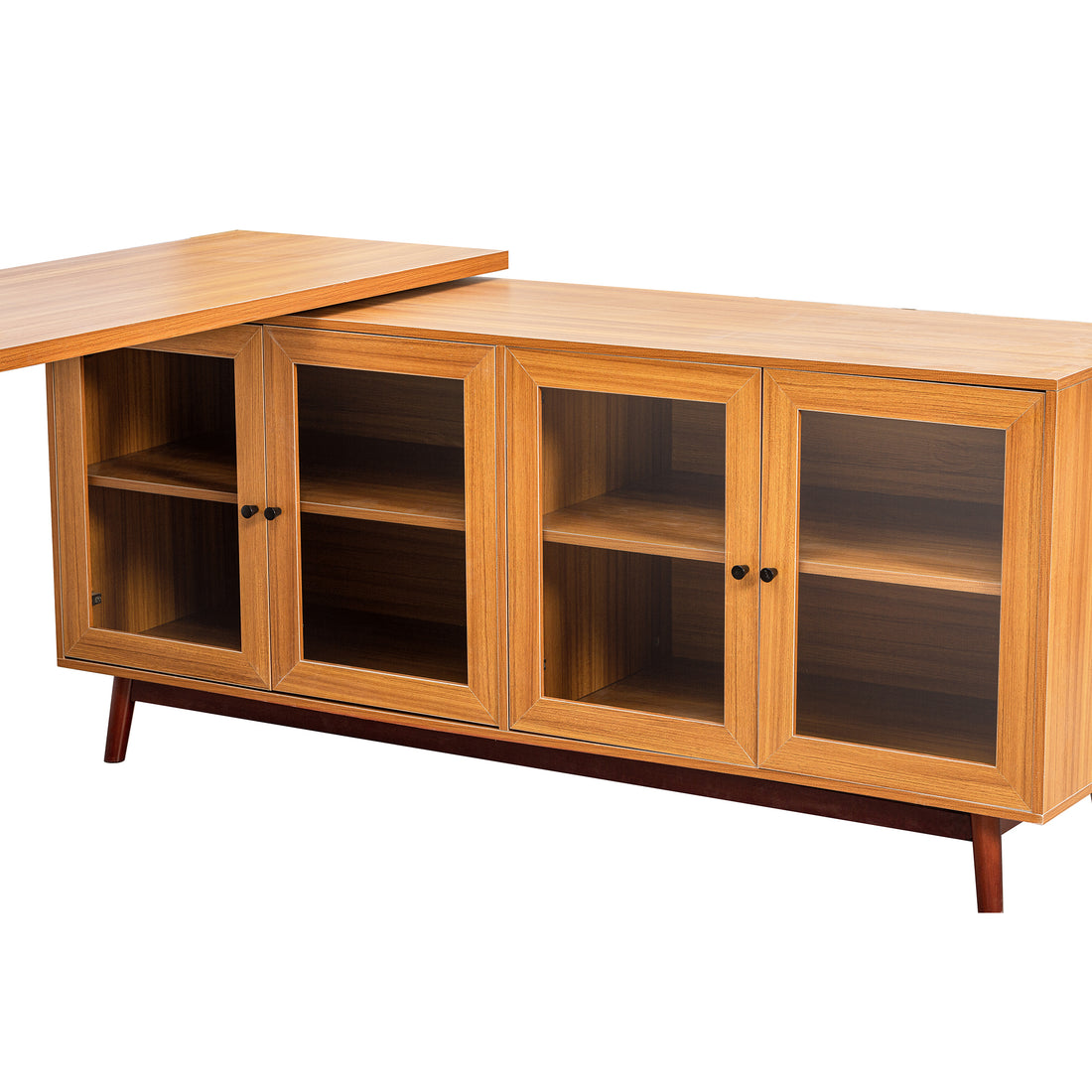 66.5" Modern L Shaped Executive Desk With Delicate Tempered Glass Cabinet Storage,Large Office Desk With Drawers,Business Furniture Desk Workstation For Home Office,Teak Teak Mdf