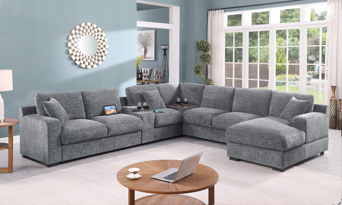 Celine 141.5" Light Gray Chenille Fabric Corner Sectional Sofa With Right Facing Chaise, Cupholders, And Charging Ports Light Gray Chenille