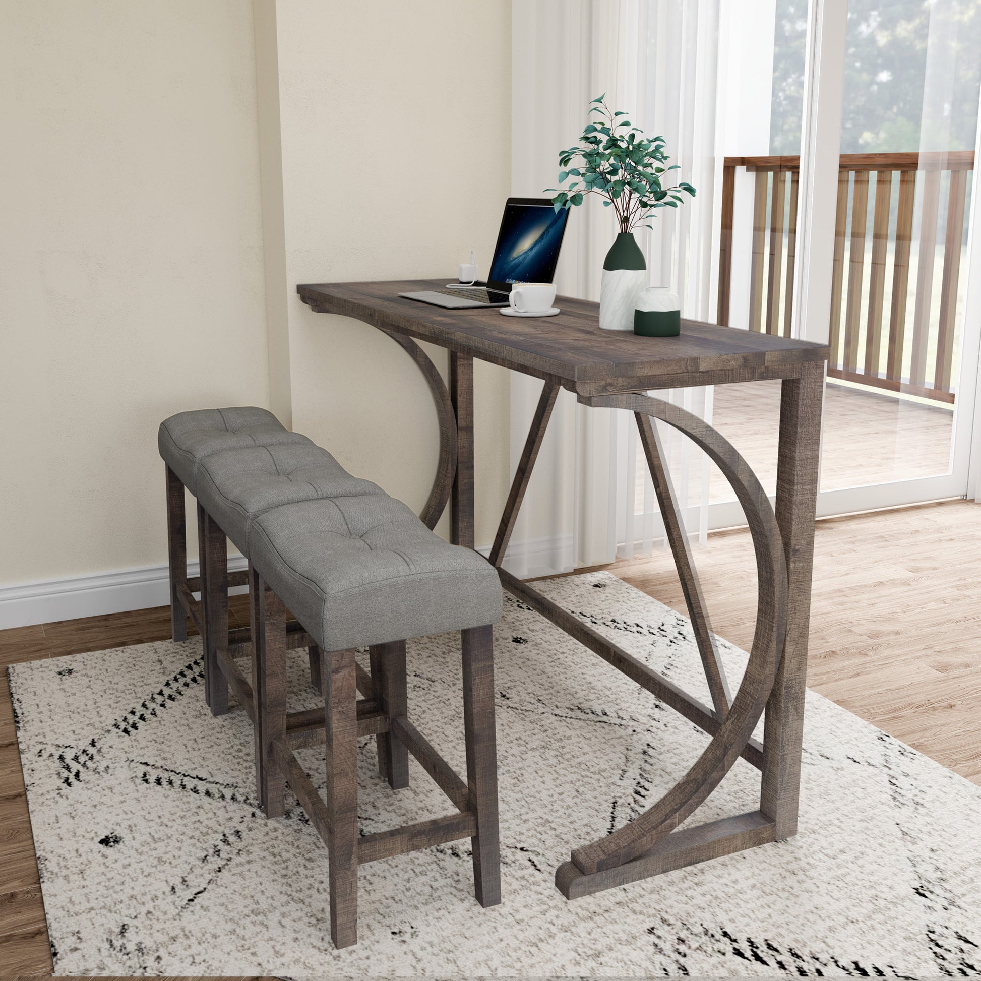 Bar Table Set With Power Outlet, Bar Table And Chairs Set, 4 Piece Dining Table Set, Industrial Breakfast Table Set, For Living Room, Dining Room, Game Room Brown Yellow Solid Wood Mdf