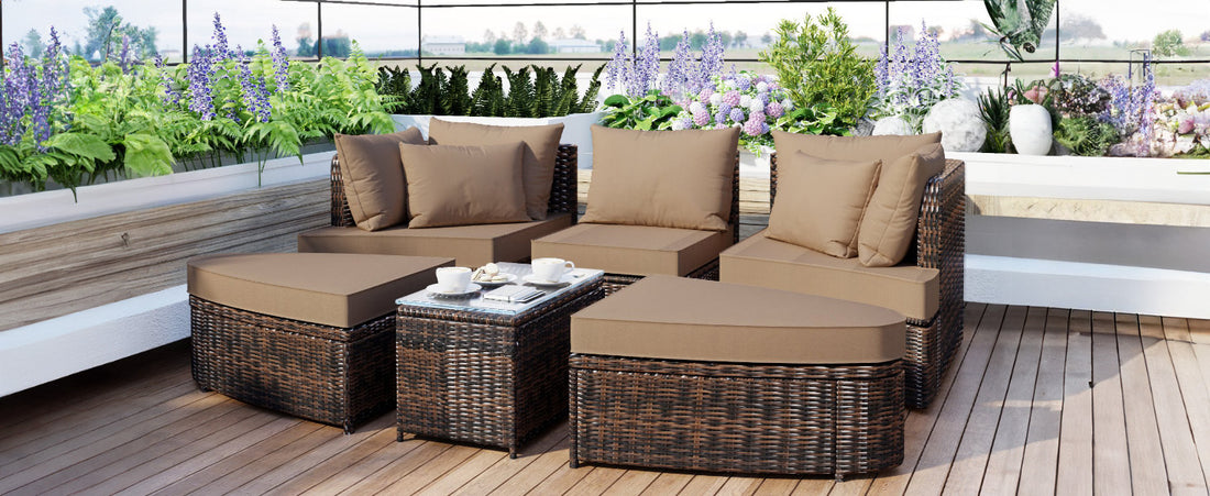 6 Piece Patio Outdoor Conversation Round Sofa Set, Pe Wicker Rattan Separate Seating Group With Coffee Table, Brown Yes Deep Seating Brown Weather Resistant Frame Water Resistant Cushion Garden & Outdoor Sofa Seating Groups Foam Rattan