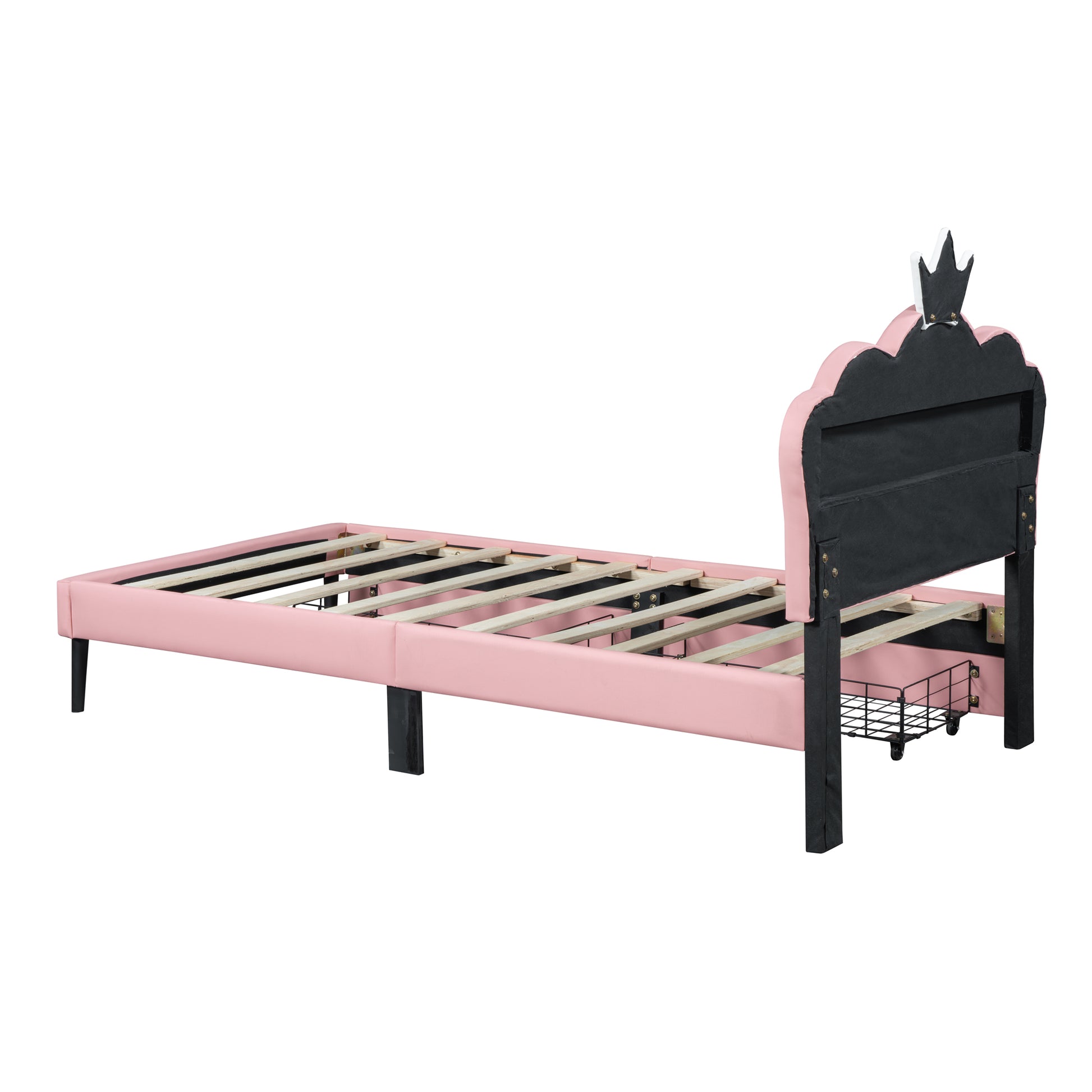 Twin Size Upholstered Princess Bed With Crown Headboard And 2 Drawers,Twin Size Platform Bed With Headboard And Footboard,White Pink Twin Pink Pu