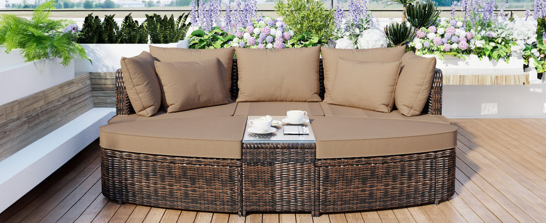 6 Piece Patio Outdoor Conversation Round Sofa Set, Pe Wicker Rattan Separate Seating Group With Coffee Table, Brown Yes Deep Seating Brown Weather Resistant Frame Water Resistant Cushion Garden & Outdoor Sofa Seating Groups Foam Rattan