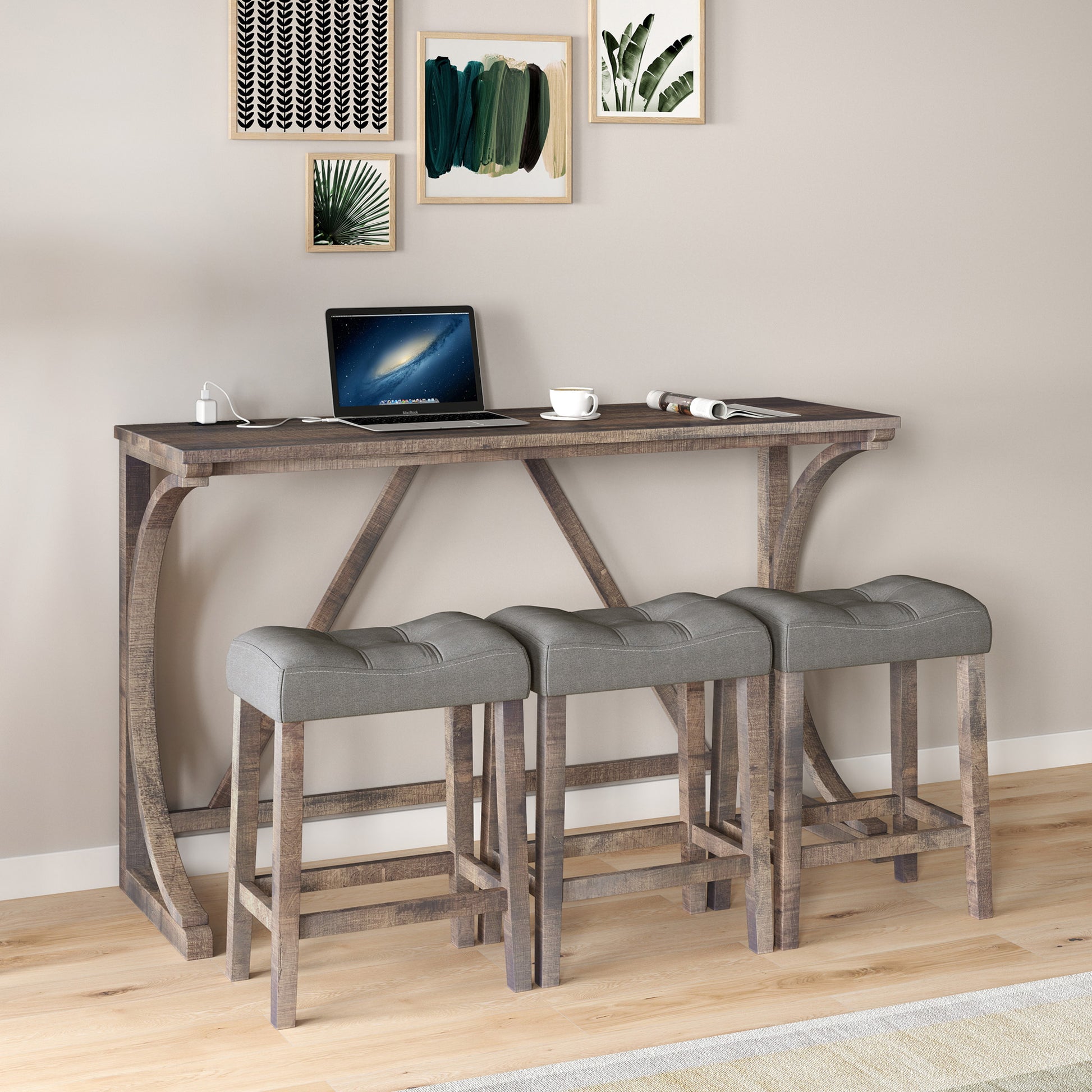 Bar Table Set With Power Outlet, Bar Table And Chairs Set, 4 Piece Dining Table Set, Industrial Breakfast Table Set, For Living Room, Dining Room, Game Room Brown Yellow Solid Wood Mdf