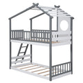 Twin Over Twin Bunk Bed Wood Bed With Roof, Window, Ladder,Gray Old Sku :Lt100008Aae Twin Gray Solid Wood