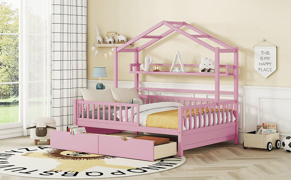 Wooden Full Size House Bed With 2 Drawers,Kids Bed With Storage Shelf, Pink Pink Wood