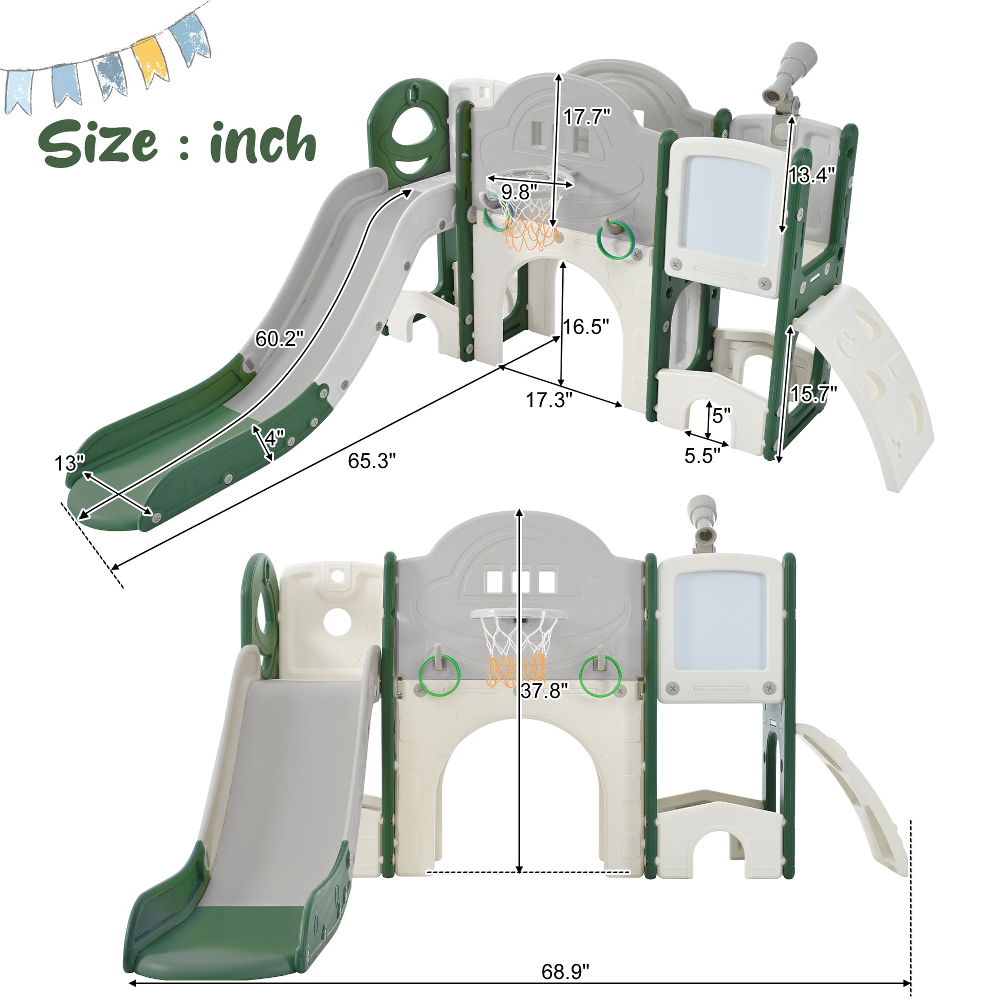 Kids Slide Playset Structure 9 In 1, Freestanding Space Set With Slide, Arch Tunnel, Ring Toss, Drawing Whiteboardl And Basketball Hoop For Toddlers, Kids Climbers Playground Green Hdpe Indoor & Outdoor Use