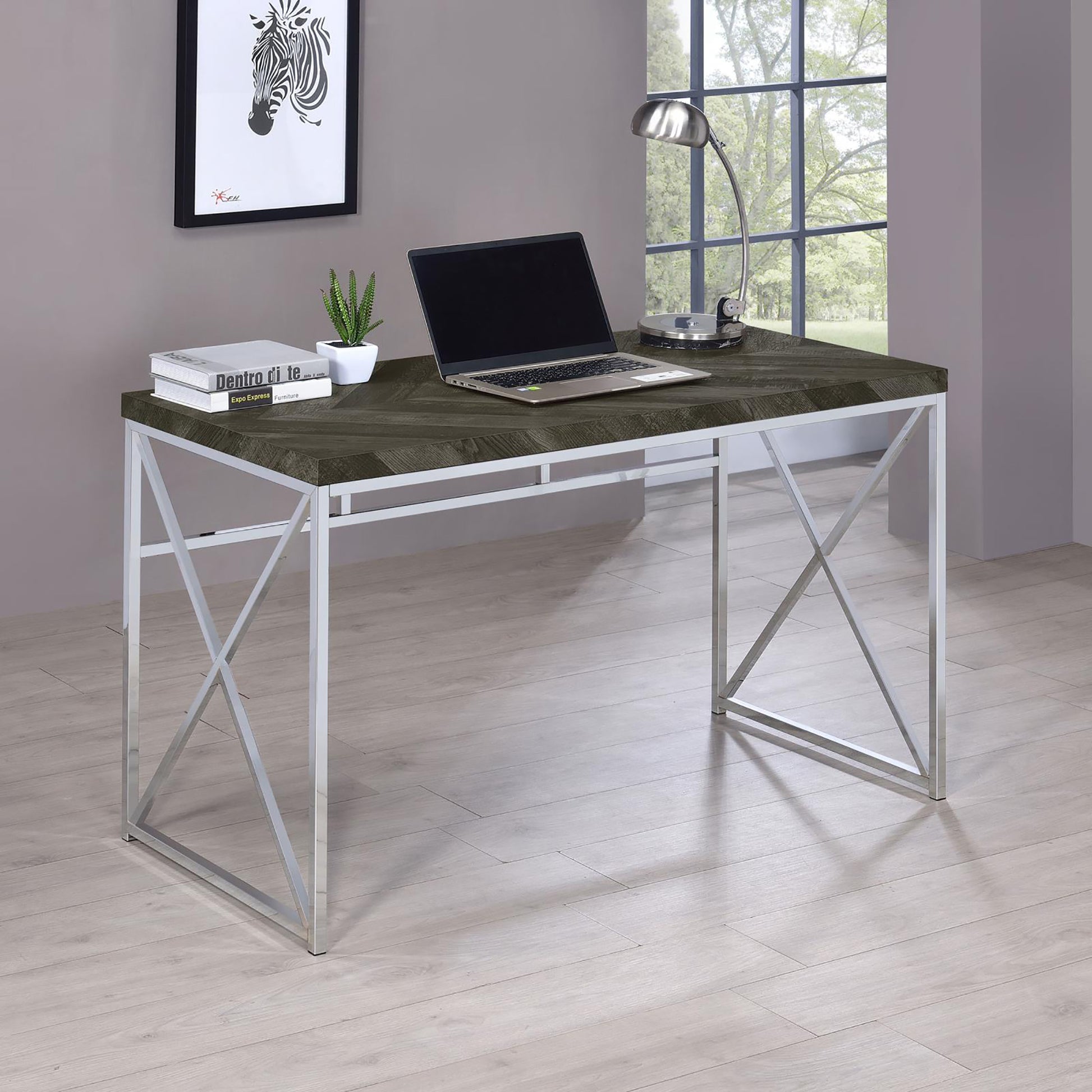 Rustic Grey Herringbone And Chrome Writing Desk Grey Writting Desk Office Contemporary,Modern Tabeltop Rectangular Desk Polished Wood