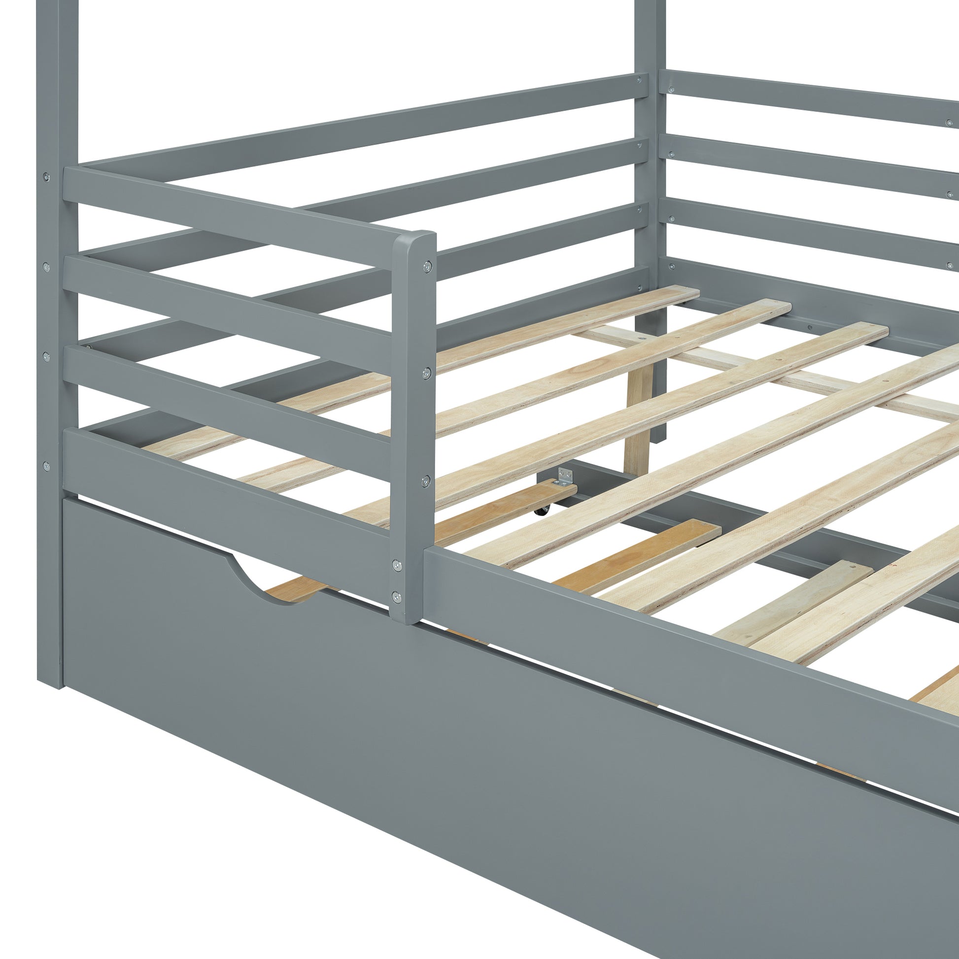 Full Size Wood House Bed With Fence And Writing Board, Gray Gray Solid Wood