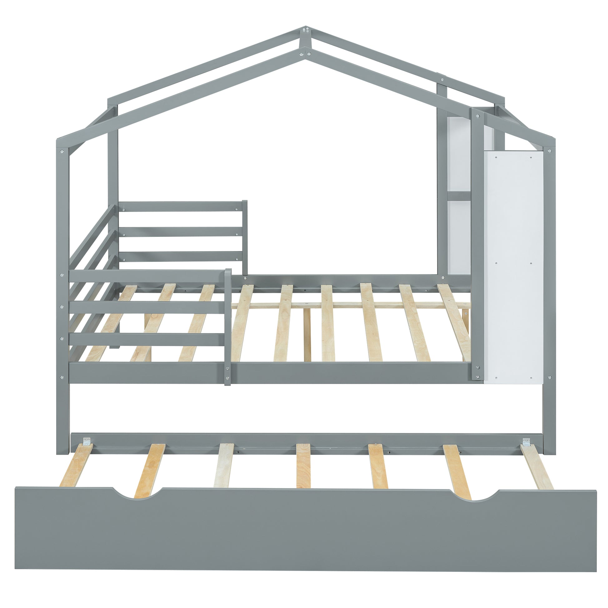 Full Size Wood House Bed With Fence And Writing Board, Gray Gray Solid Wood