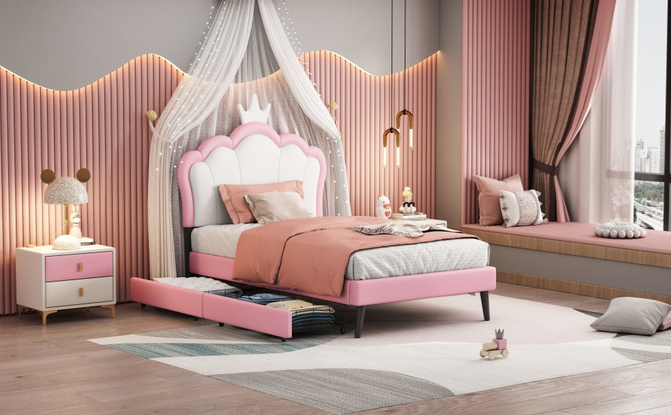 Twin Size Upholstered Princess Bed With Crown Headboard And 2 Drawers,Twin Size Platform Bed With Headboard And Footboard,White Pink Twin Pink Pu