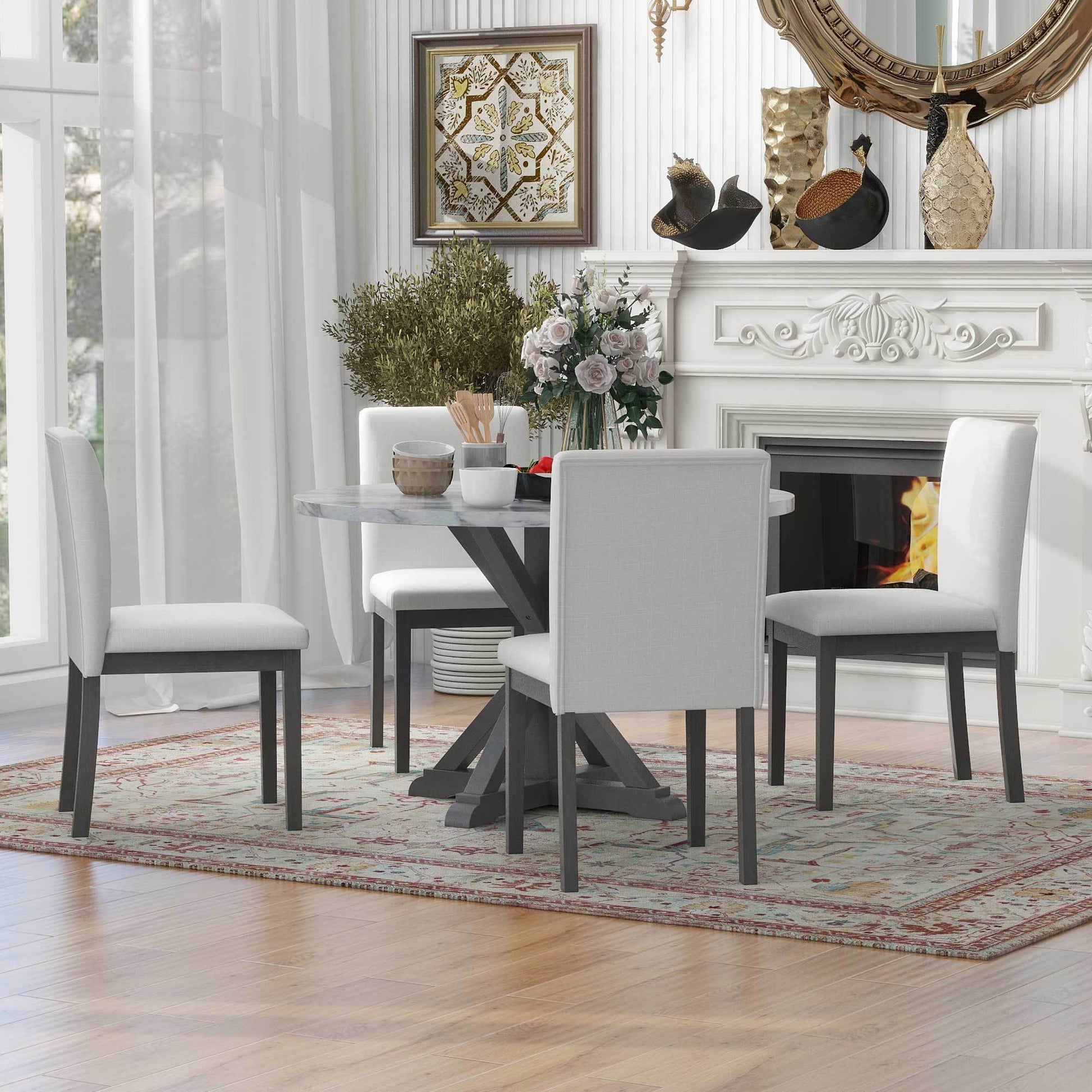 5 Piece Farmhouse Style Dining Table Set, Marble Sticker And Cross Bracket Pedestal Dining Table, And 4 Upholstered Chairs White Gray Upholstered Chair Wood White Gray Seats 4 Wood Dining Room Antique,Classic,Farmhouse Pedestal Round Dining Table With