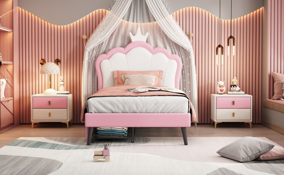 Twin Size Upholstered Princess Bed With Crown Headboard And 2 Drawers,Twin Size Platform Bed With Headboard And Footboard,White Pink Twin Pink Pu