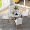 5 Piece Farmhouse Style Dining Table Set, Marble Sticker And Cross Bracket Pedestal Dining Table, And 4 Upholstered Chairs White Walnut Upholstered Chair Wood White Walnut Seats 4 Wood Dining Room Antique,Classic,Farmhouse Pedestal Round Dining Table