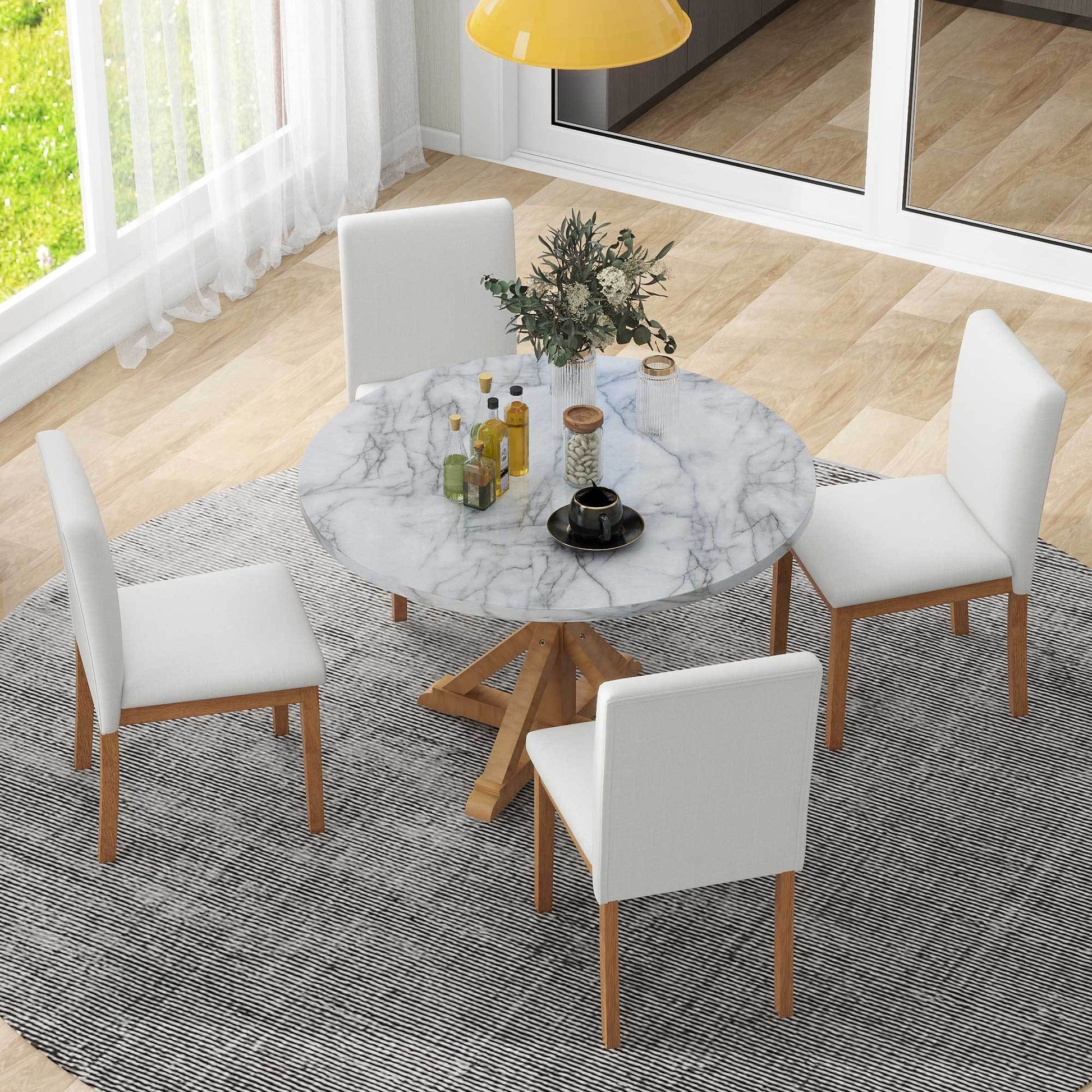 5 Piece Farmhouse Style Dining Table Set, Marble Sticker And Cross Bracket Pedestal Dining Table, And 4 Upholstered Chairs White Walnut Upholstered Chair Wood White Walnut Seats 4 Wood Dining Room Antique,Classic,Farmhouse Pedestal Round Dining Table
