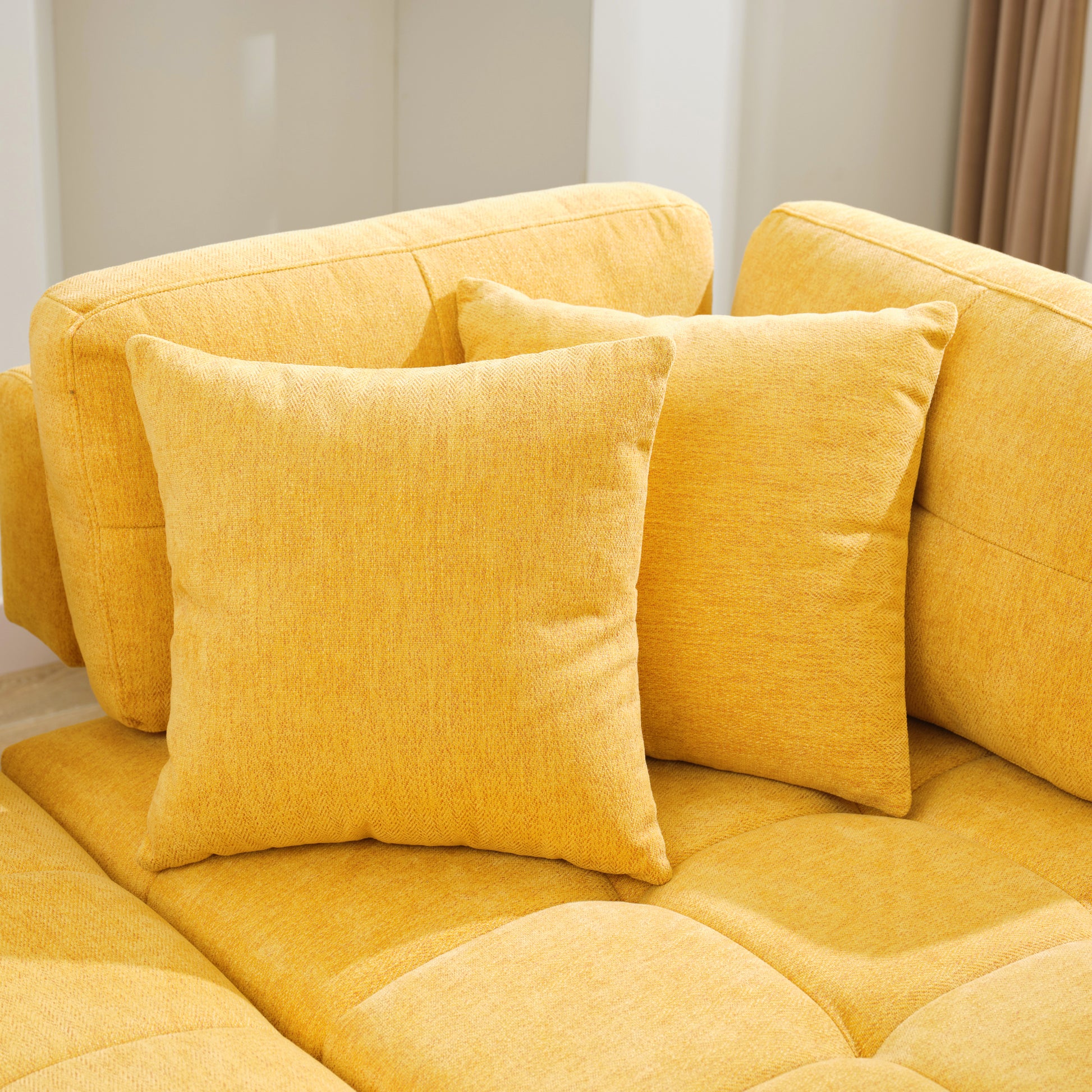 91.73" L Shaped Sofa Sectional Sofa Couch With 2 Stools And 2 Lumbar Pillows For Living Room, Yellow Yellow Chenille