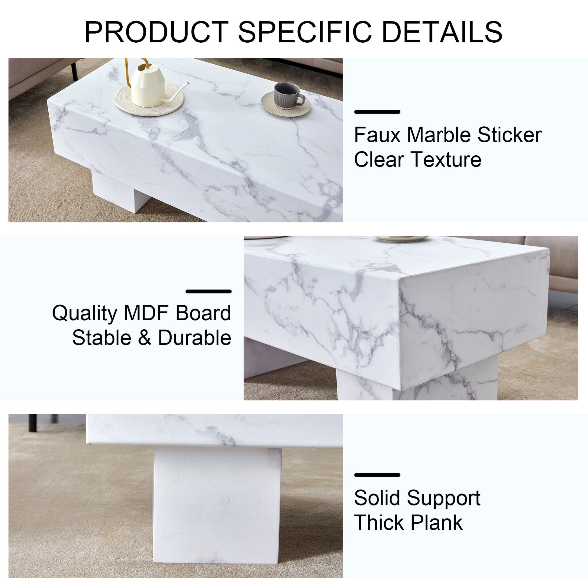 The White Coffee Table Has Patterns. Modern Rectangular Table, Suitable For Living Rooms And Apartments. 43.3"*21.6"*17.2" White Mdf