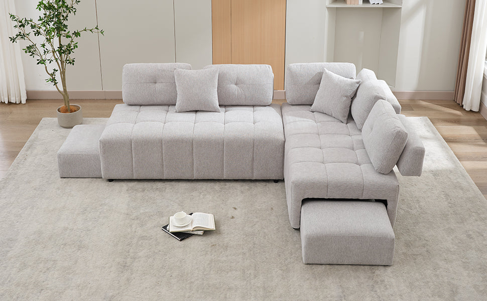 91.73" L Shaped Sofa Sectional Sofa Couch With 2 Stools And 2 Lumbar Pillows For Living Room, Light Grey Light Grey Chenille