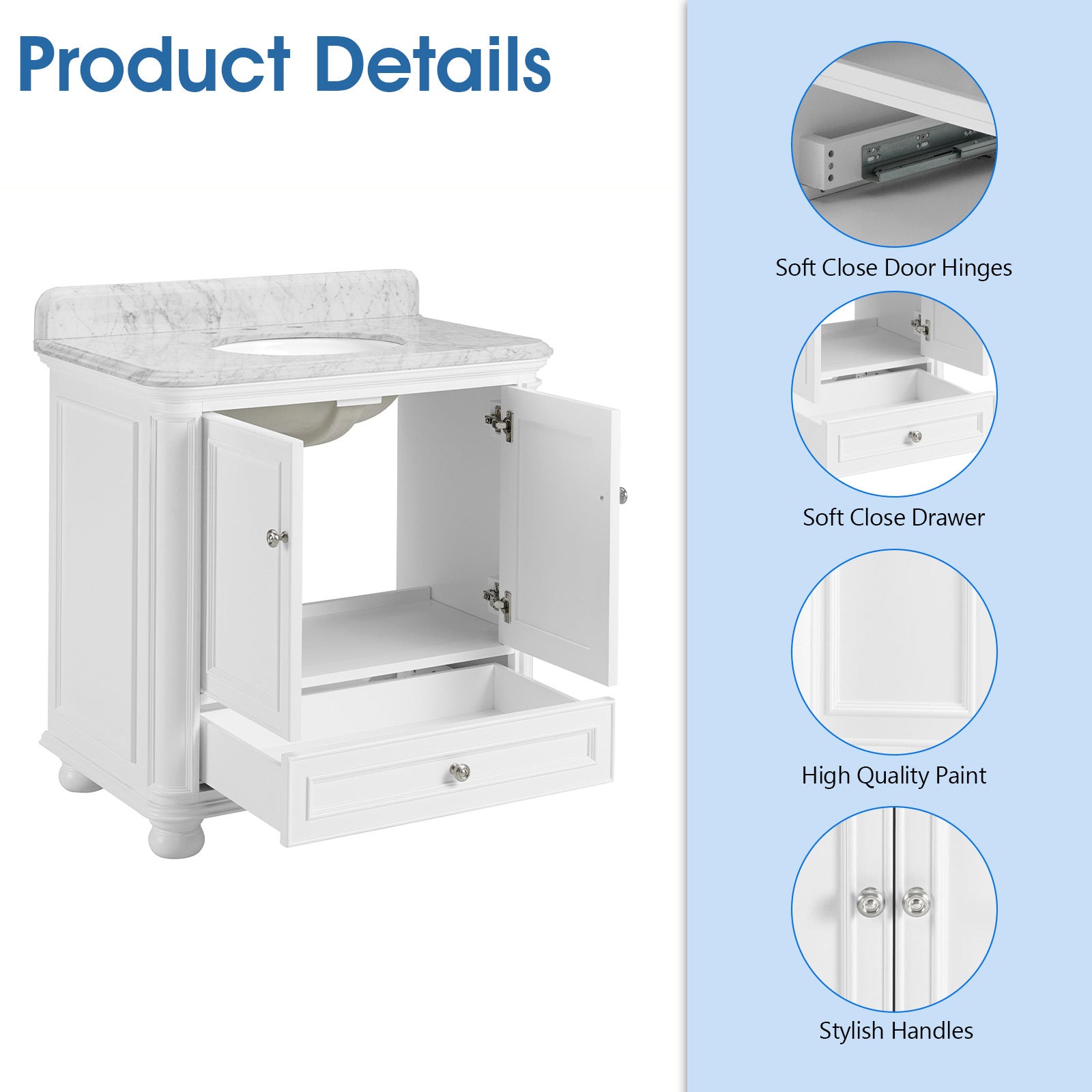 36'' Bathroom Vanity With Carrara Natural Marble Top And Backsplash, Bathroom Storage Cabinet With Doors And Drawers In White 1 White 2 Rust Resistant Bathroom Freestanding Traditional Mdf
