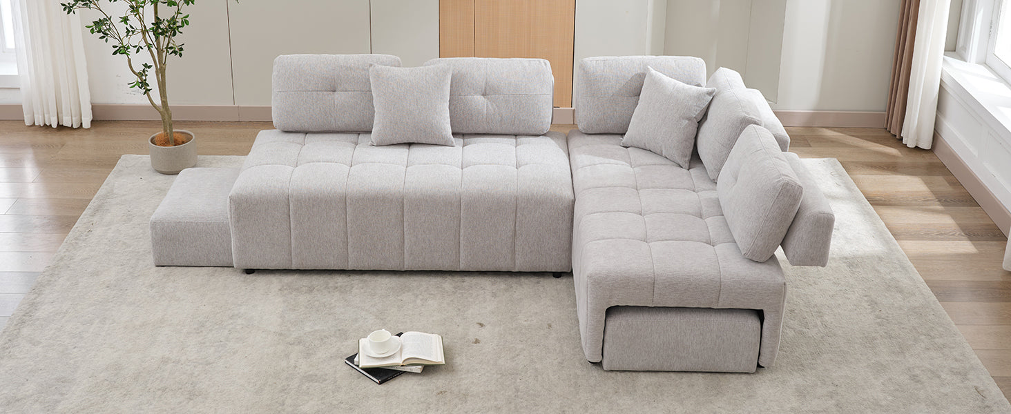 91.73" L Shaped Sofa Sectional Sofa Couch With 2 Stools And 2 Lumbar Pillows For Living Room, Light Grey Light Grey Chenille