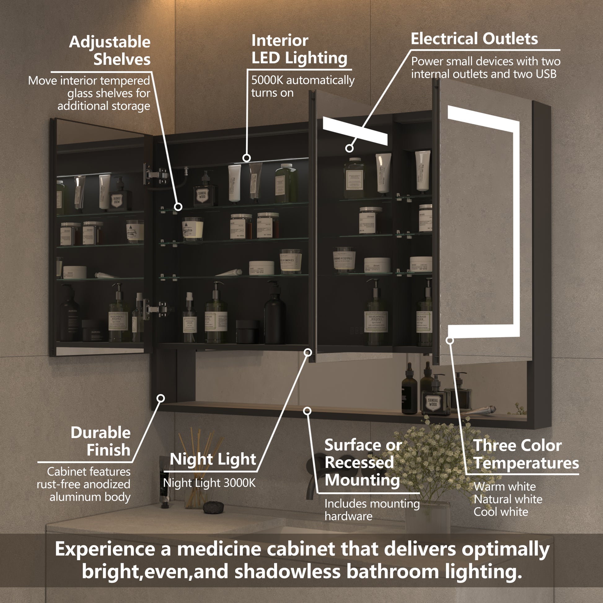 Lighted Medicine Cabinet 48 X 32 Inch, Recessed Or Surfaceclock, Room Temp Display,Defog,Night Light,Stepless Dimming,3000K 6400K, Outlets & Usbs,Double Sided Mirror.Black External Storage Shelf. Silver Aluminium