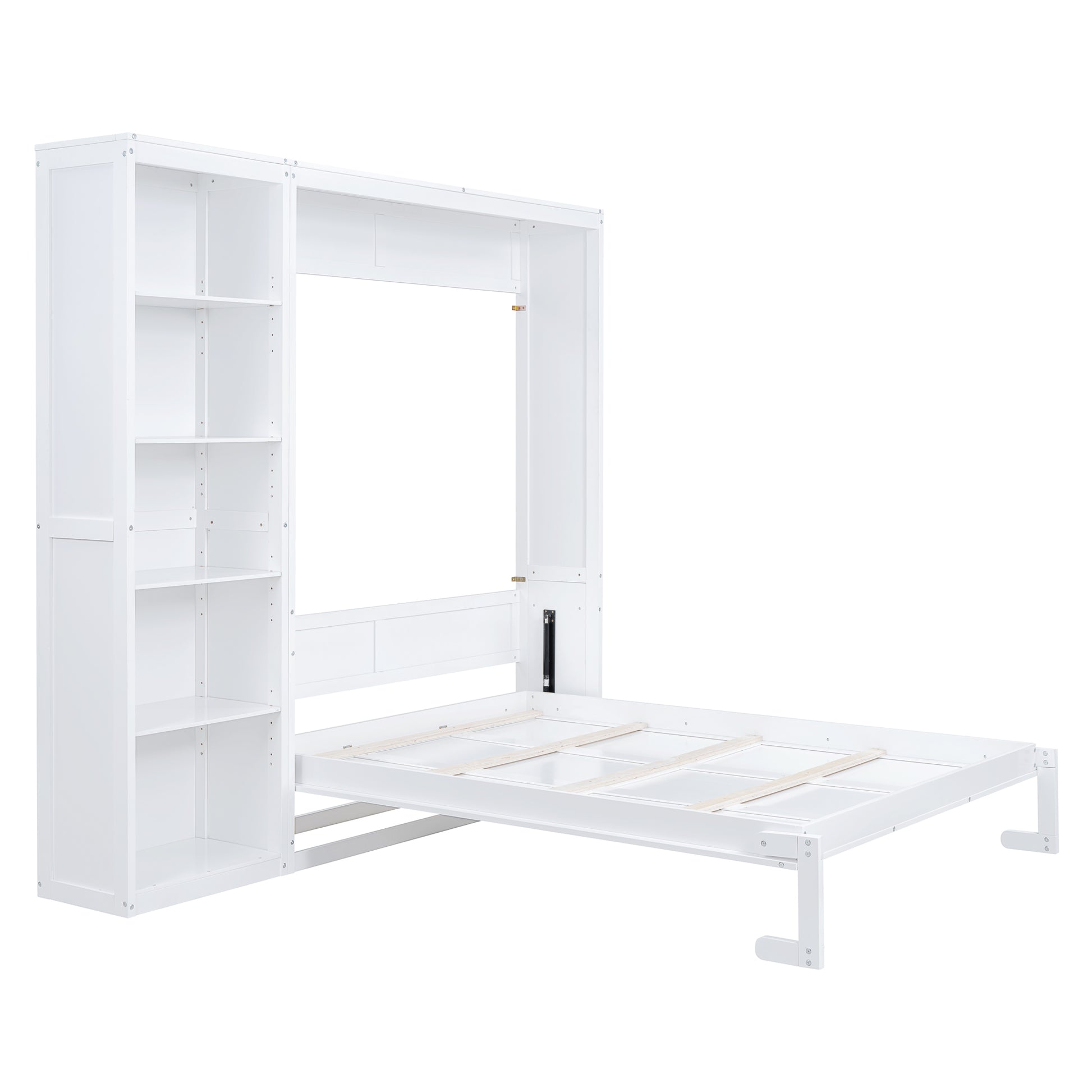 Queen Size Murphy Bed Wall Bed With Shelves,White White Solid Wood Mdf