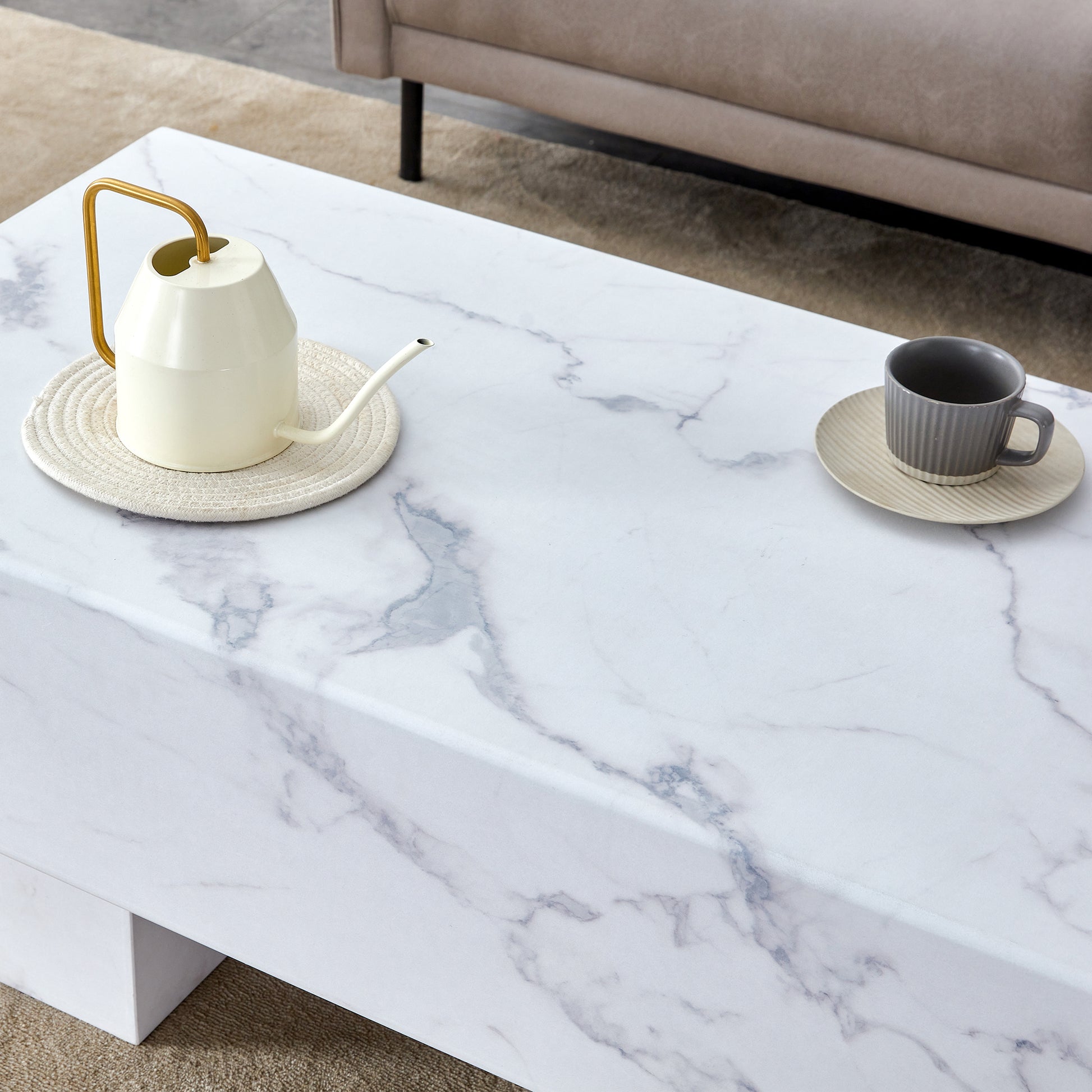 The White Coffee Table Has Patterns. Modern Rectangular Table, Suitable For Living Rooms And Apartments. 43.3"*21.6"*17.2" White Mdf