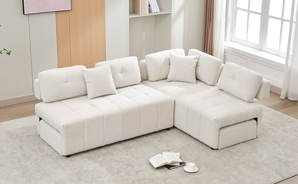 91.73" L Shaped Sofa Sectional Sofa Couch With 2 Stools And 2 Lumbar Pillows For Living Room, Biege Beige Chenille