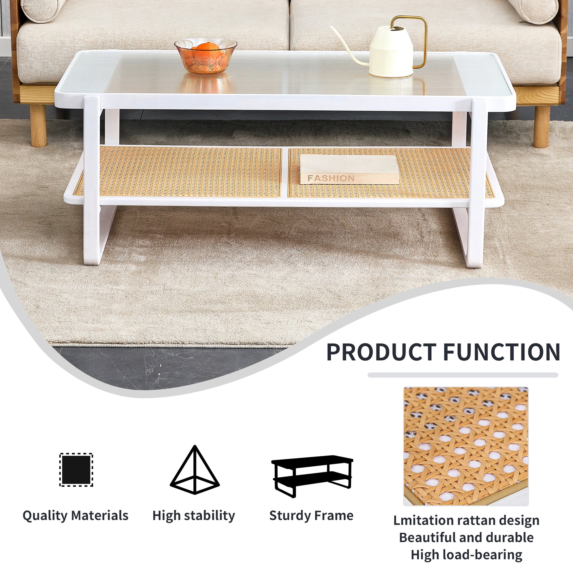 Modern Minimalist White Double Layered Solid Wood Coffee Table. Glass Tabletop, Imitation Rattan Edge Table. Rectangular Table Suitable For Living Room, Dining Room, And Bedroom White Wood