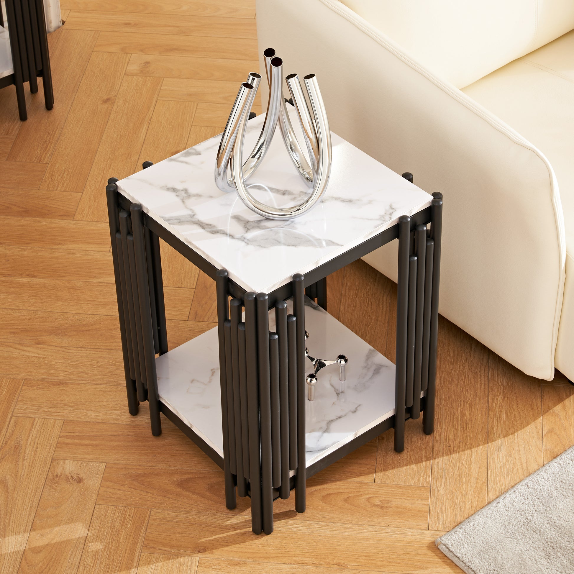 2 Tier Side Table, Faur Marbling End Table, Narrow Side Table With Storage Shelves, Modern Design Beside Table, Wood Nightstand For Living Room, Bedroom, And Office, Easy To Assembly, Black Black Primary Living Space Square Open Storage Coffee & End