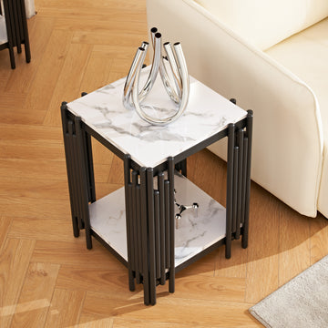 2 Tier Side Table, Faur Marbling End Table, Narrow Side Table With Storage Shelves, Modern Design Beside Table, Wood Nightstand For Living Room, Bedroom, And Office, Easy To Assembly, Black Black Primary Living Space Square Open Storage Coffee & End