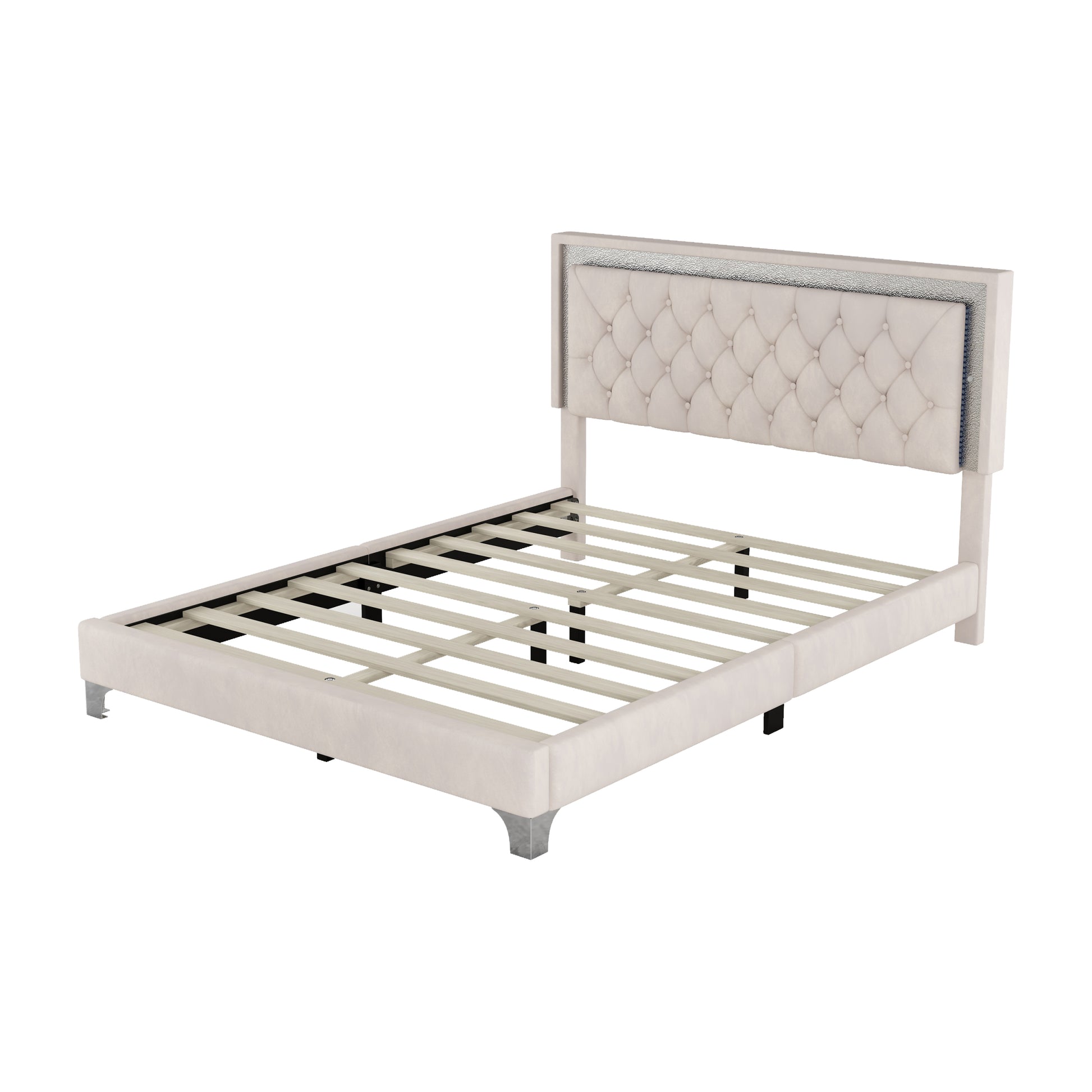 3 Pieces Bedroom Sets,Queen Size Upholstered Platform Bed With Led Lights And Two Nightstands Beige Beige Velvet