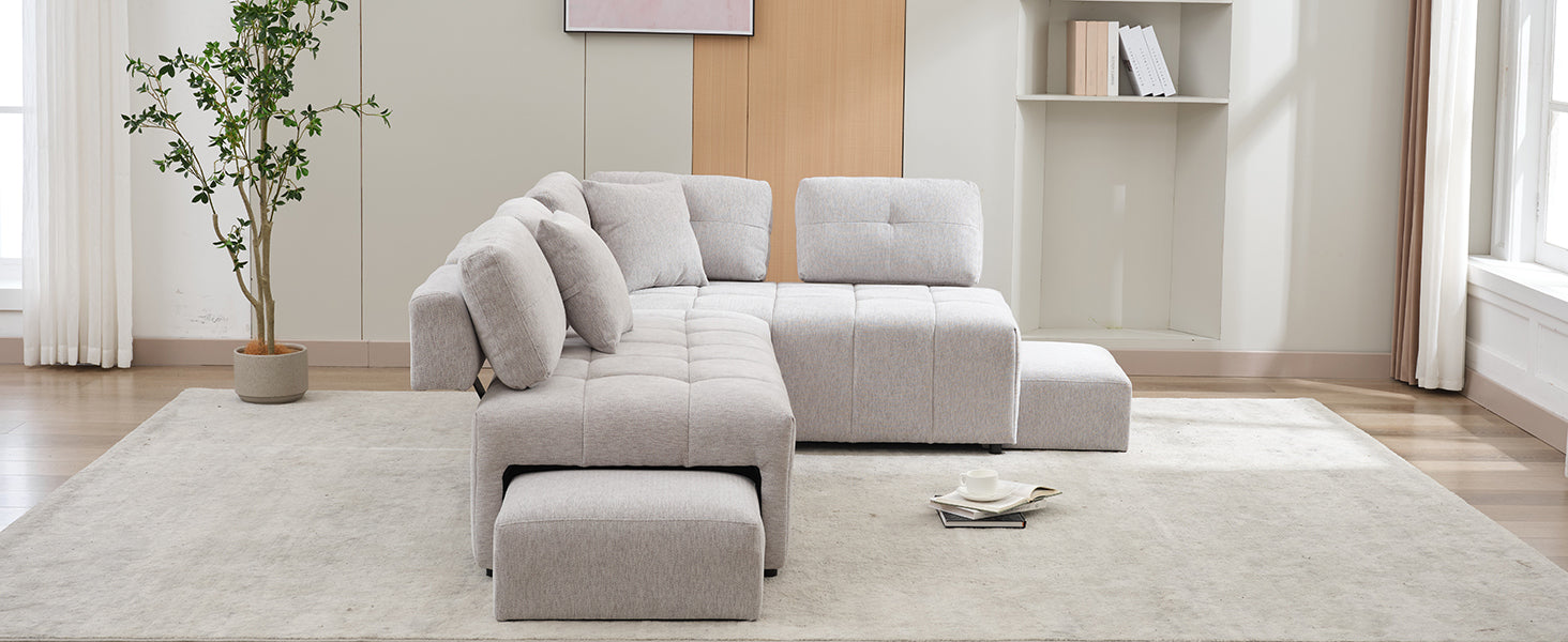 91.73" L Shaped Sofa Sectional Sofa Couch With 2 Stools And 2 Lumbar Pillows For Living Room, Light Grey Light Grey Chenille