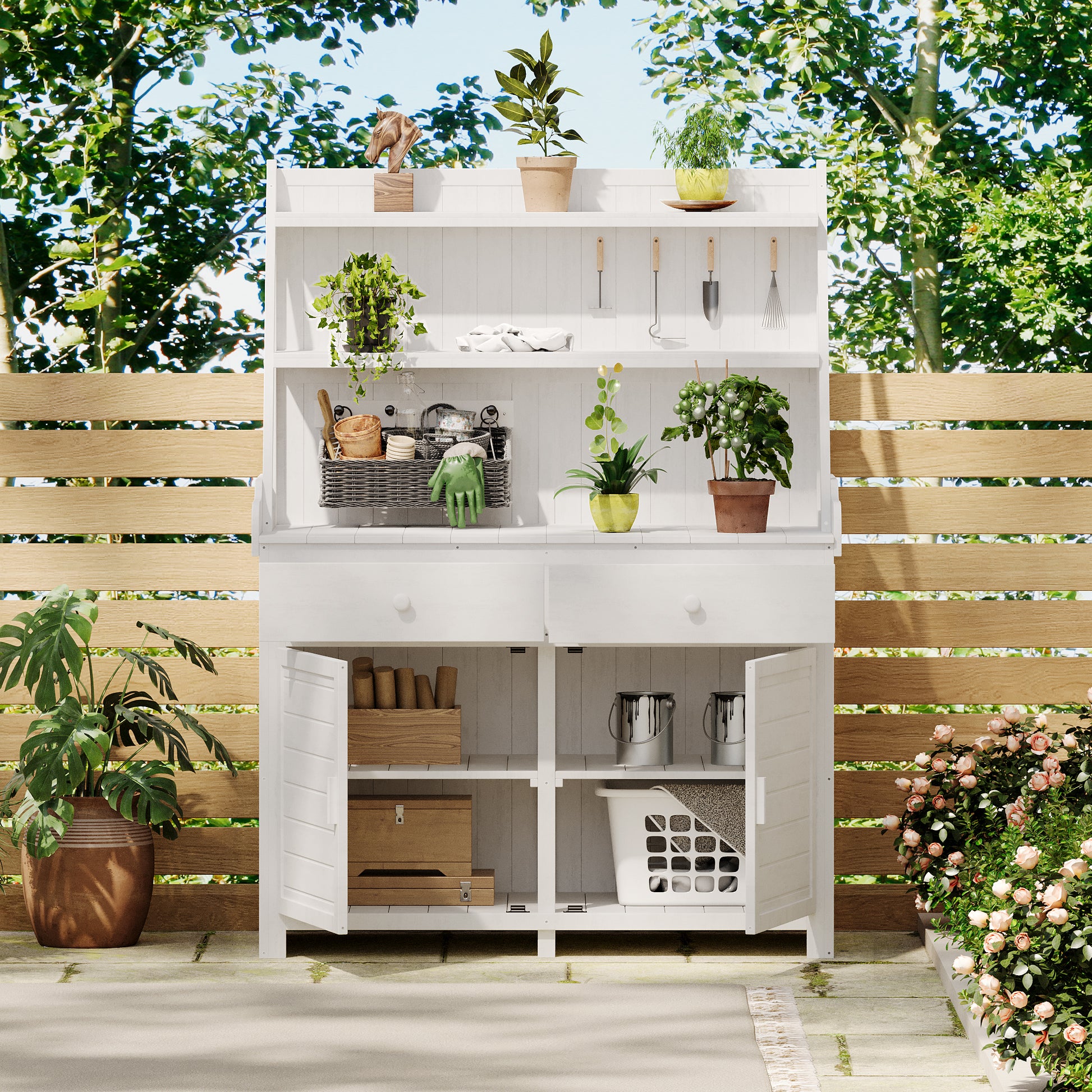 65Inch Garden Potting Bench Table, Fir Wood Workstation With Storage Shelf, Drawer And Cabinet, White White Water Resistant Frame Garden & Outdoor Rustic Wood