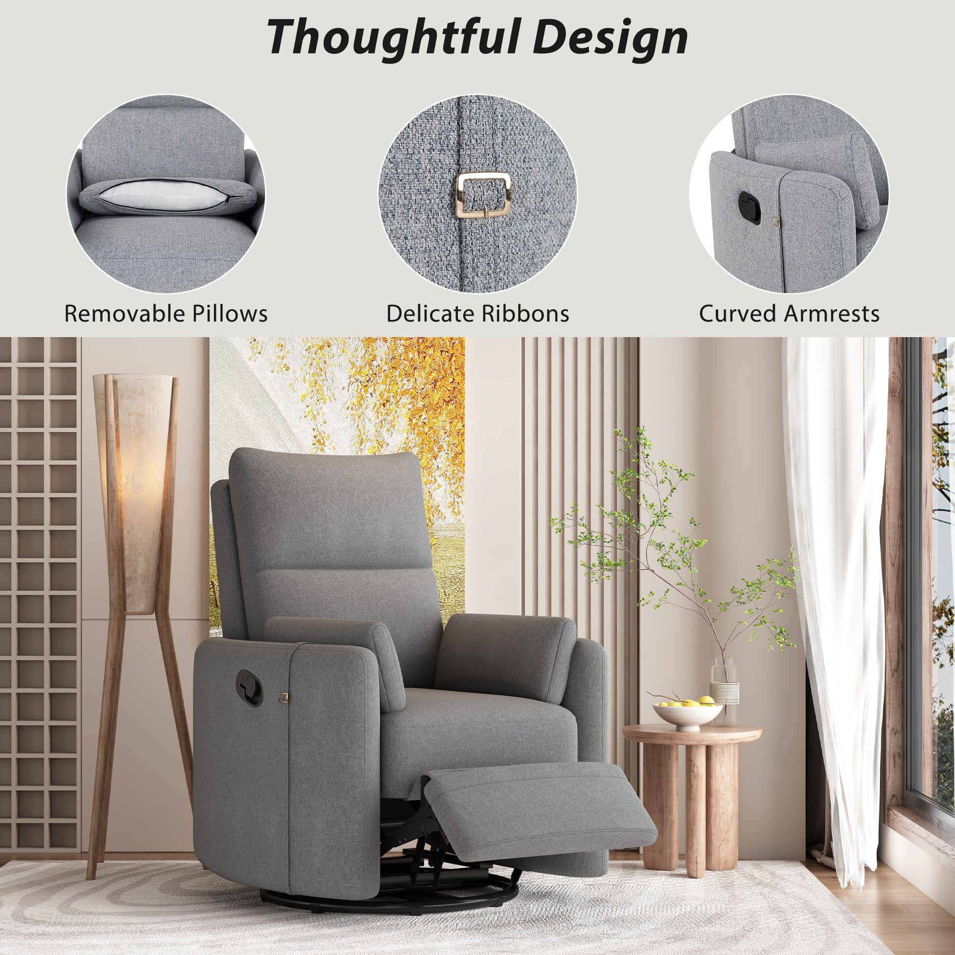 Upholstered Swivel Recliner Manual Rocker Recliner Chair Baby Nursery Chair With Two Removable Pillows For Living Room, Dark Grey Dark Grey Foam Linen