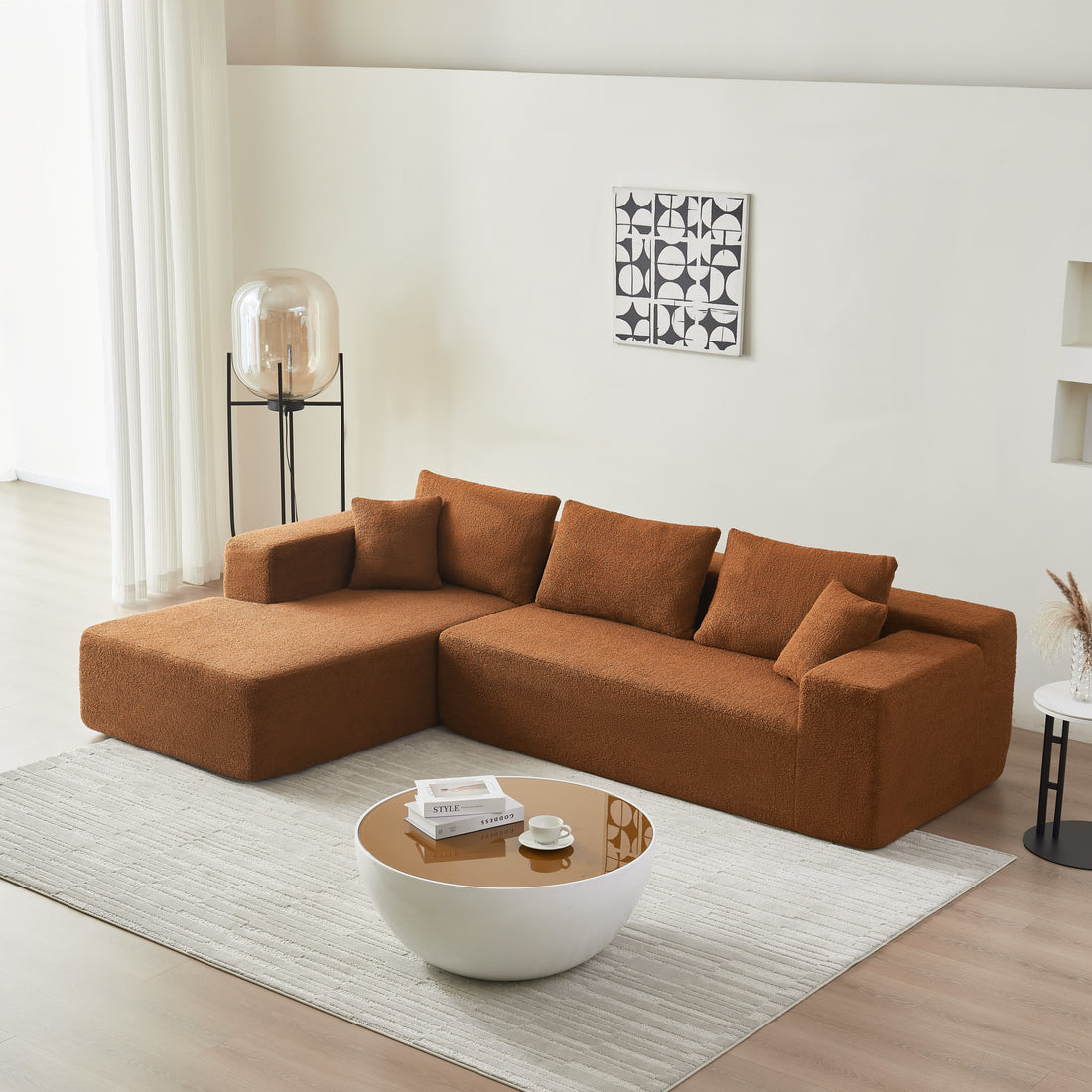 104.33" Sponge Sectional Sofa Couch For Living Room, L Shaped Modern Lamb Modular High Density Sponge Floor Sofa, Sherpa Fabric Sofa Couch With Chaise Lounge, Upholstered Corner Cloud Couch, Orange Orange Primary Living Space Pillow Back Square Arms Foam